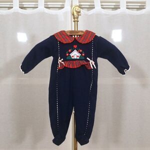 Vintage 90s Girls Navy Blue Red Plaid House Footie Romper